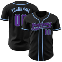 Load image into Gallery viewer, Custom Black Purpe-Light Blue Authentic Baseball Jersey