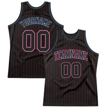 Load image into Gallery viewer, Custom Black Red Pinstripe Black Light Blue-Red Authentic Basketball Jersey