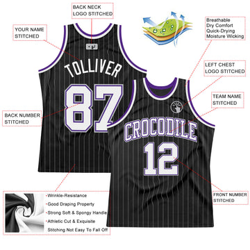 Custom Black Gray Pinstripe White-Purple Authentic Basketball Jersey