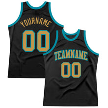 Load image into Gallery viewer, Custom Black Old Gold-Teal Authentic Throwback Basketball Jersey