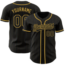 Load image into Gallery viewer, Custom Black Old Gold Pinstripe Black Authentic Baseball Jersey