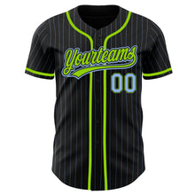 Load image into Gallery viewer, Custom Black Light Blue Pinstripe Light Blue-Neon Green Authentic Baseball Jersey