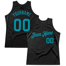 Load image into Gallery viewer, Custom Black Teal Authentic Throwback Basketball Jersey