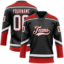 Charger l'image dans la galerie, Custom Black White-Red Hockey Lace Neck Jersey