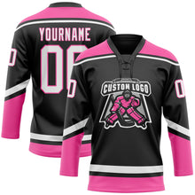 Load image into Gallery viewer, Custom Black White-Pink Hockey Lace Neck Jersey