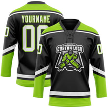 Charger l'image dans la galerie, Custom Black White-Neon Green Hockey Lace Neck Jersey