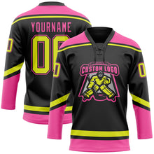 Загрузить изображение в средство просмотра галереи, Custom Black Neon Yellow-Pink Hockey Lace Neck Jersey