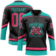 Загрузить изображение в средство просмотра галереи, Custom Black Neon Pink-Aqua Hockey Lace Neck Jersey