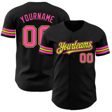 Load image into Gallery viewer, Custom Black Pink-Neon Yellow Authentic Baseball Jersey