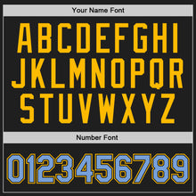 Laden Sie das Bild in den Galerie-Viewer, Custom Black Light Blue-Gold Authentic Throwback Basketball Jersey