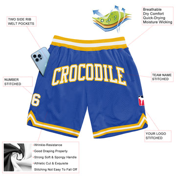 Custom Blue White-Gold Authentic Throwback Basketball Shorts