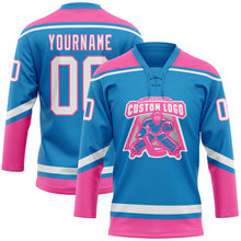 Загрузить изображение в средство просмотра галереи, Custom Blue White-Pink Hockey Lace Neck Jersey