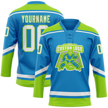 Загрузить изображение в средство просмотра галереи, Custom Blue White-Neon Green Hockey Lace Neck Jersey