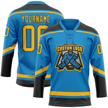 Загрузить изображение в средство просмотра галереи, Custom Blue Gold-Black Hockey Lace Neck Jersey