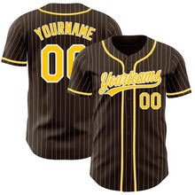 Load image into Gallery viewer, Custom Brown White Pinstripe Gold Authentic Baseball Jersey
