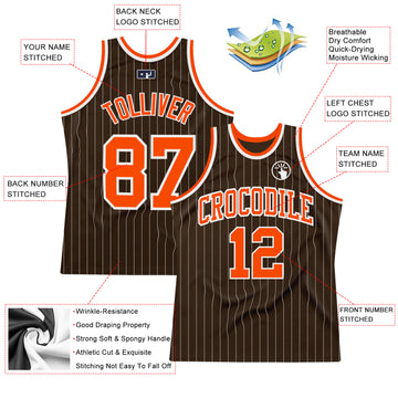 Custom Brown White Pinstripe Orange Authentic Basketball Jersey