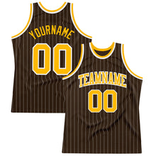 Load image into Gallery viewer, Custom Brown White Pinstripe Gold Authentic Basketball Jersey