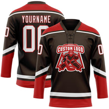 Charger l'image dans la galerie, Custom Brown White-Red Hockey Lace Neck Jersey