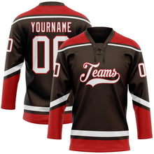 Charger l'image dans la galerie, Custom Brown White-Red Hockey Lace Neck Jersey