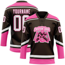 Charger l'image dans la galerie, Custom Brown White-Pink Hockey Lace Neck Jersey