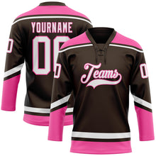 Charger l'image dans la galerie, Custom Brown White-Pink Hockey Lace Neck Jersey