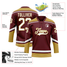 Load image into Gallery viewer, Custom Burgundy White-Old Gold Hockey Lace Neck Jersey
