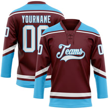 Загрузить изображение в средство просмотра галереи, Custom Burgundy White-Sky Blue Hockey Lace Neck Jersey