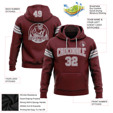 Custom Stitched Burgundy Gray-White Football Pullover Sweatshirt Hoodie