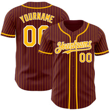 Load image into Gallery viewer, Custom Burgundy Gold Pinstripe White Authentic Baseball Jersey
