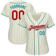 Laden Sie das Bild in den Galerie-Viewer, Custom Cream Teal Pinstripe Red Teal-Gray Authentic Baseball Jersey