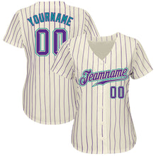 Load image into Gallery viewer, Custom Cream Purple Pinstripe Purple-Teal Authentic Baseball Jersey