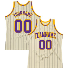 Загрузить изображение в средство просмотра галереи, Custom Cream Black Pinstripe Purple-Gold Authentic Basketball Jersey
