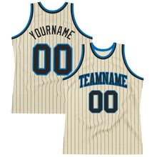 Загрузить изображение в средство просмотра галереи, Custom Cream Black Pinstripe Black-Blue Authentic Basketball Jersey