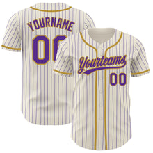 Laden Sie das Bild in den Galerie-Viewer, Custom Cream Purple Pinstripe Old Gold Authentic Baseball Jersey