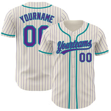 Load image into Gallery viewer, Custom Cream Purple Pinstripe Teal Authentic Baseball Jersey
