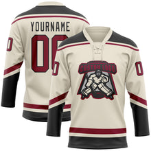 Laden Sie das Bild in den Galerie-Viewer, Custom Cream Maroon-Black Hockey Lace Neck Jersey