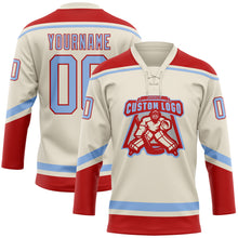 Laden Sie das Bild in den Galerie-Viewer, Custom Cream Light Blue-Red Hockey Lace Neck Jersey