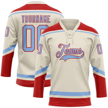 Laden Sie das Bild in den Galerie-Viewer, Custom Cream Light Blue-Red Hockey Lace Neck Jersey