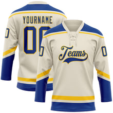 Laden Sie das Bild in den Galerie-Viewer, Custom Cream Royal-Yellow Hockey Lace Neck Jersey