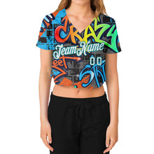 Laden Sie das Bild in den Galerie-Viewer, Custom Women's Graffiti Pattern White-Aqua Geometric 3D V-Neck Cropped Baseball Jersey