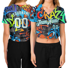 Laden Sie das Bild in den Galerie-Viewer, Custom Women's Graffiti Pattern White-Aqua Geometric 3D V-Neck Cropped Baseball Jersey
