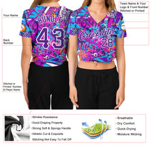 Laden Sie das Bild in den Galerie-Viewer, Custom Women's Graffiti Pattern Purple-White Words 3D V-Neck Cropped Baseball Jersey