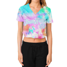 Загрузить изображение в средство просмотра галереи, Custom Women's Tie Dye White-Light Blue Rainbow 3D V-Neck Cropped Baseball Jersey
