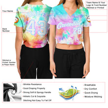 Загрузить изображение в средство просмотра галереи, Custom Women's Tie Dye White-Light Blue Rainbow 3D V-Neck Cropped Baseball Jersey