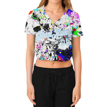 Laden Sie das Bild in den Galerie-Viewer, Custom Women's Graffiti Pattern White-Light Blue Splashes 3D V-Neck Cropped Baseball Jersey