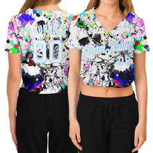 Laden Sie das Bild in den Galerie-Viewer, Custom Women's Graffiti Pattern White-Light Blue Splashes 3D V-Neck Cropped Baseball Jersey