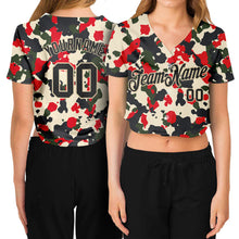 Laden Sie das Bild in den Galerie-Viewer, Custom Women's Camo Black-Cream Salute To Service V-Neck Cropped Baseball Jersey