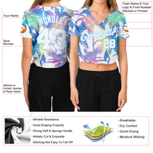 Загрузить изображение в средство просмотра галереи, Custom Women's White White-Light Blue Hawaii Palm Trees 3D V-Neck Cropped Baseball Jersey