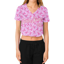Load image into Gallery viewer, Custom Women's Pink White Breast Cancer 3D V-Neck Cropped Baseball Jersey