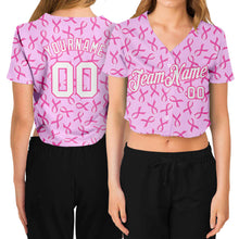 Load image into Gallery viewer, Custom Women's Pink White Breast Cancer 3D V-Neck Cropped Baseball Jersey